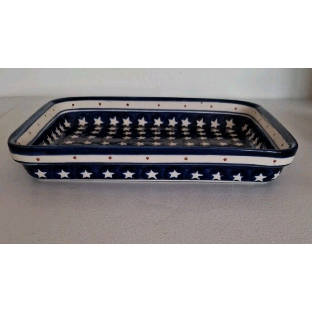 Boleslawiec Polish Pottery Stars Stripes Rectangular Casserole Dish 11.5”x9”